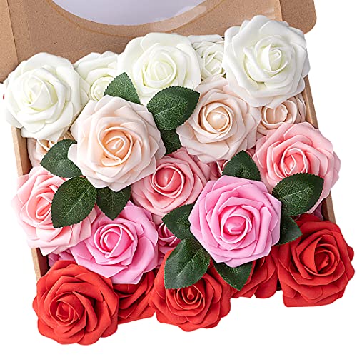 N&T NIETING Künstliche Blumen Rosen, 25 Stück Kunstblumen Gefälschte Rose mit Stielen DIY Hochzeit Blumensträuße Braut Zuhause Dekoration, Serie A Rot von N&T NIETING