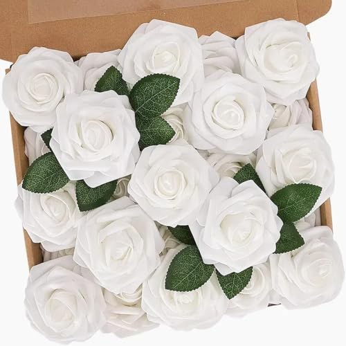 N&T NIETING Künstliche Blumen Rosen, 25 Stück Deko Blumen Fake Rosen Foamrosen mit Stielen DIY Hochzeit Blumensträuße Braut Zuhause Dekoration, Weiß von N&T NIETING