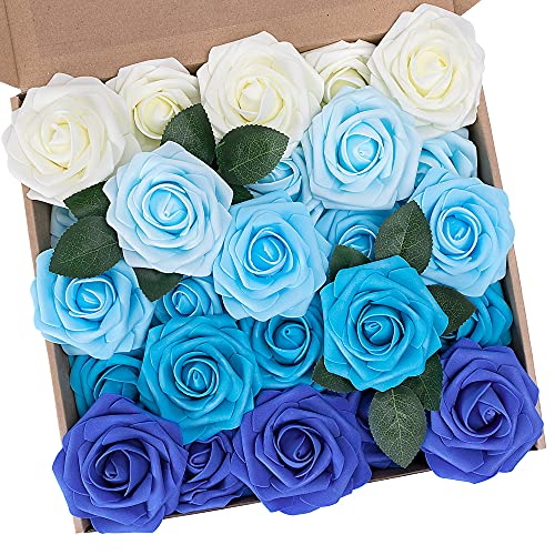 N&T NIETING Künstliche Blumen Rosen, 25 Stück Deko Blumen Fake Rosen mit Stielen DIY Hochzeit Blumensträuße Braut Zuhause Dekoration, Serie B Blau von N&T NIETING