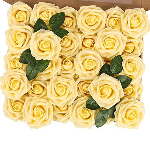 N&T NIETING Künstliche Rosen Blume, 30 Stück Deko Blumen Fake Rosen mit Stielen DIY Hochzeit Blumensträuße Braut Zuhause Dekoration, Hellgelb von N&T NIETING