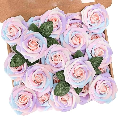 N&T NIETING Künstliche Rosen Blumen, 25 Stück Schaumrosen mit Stängel Regenbogen Gefälschte Blumen für DIY Hochzeit Blumensträuße Braut Zuhause Dekoration von N&T NIETING