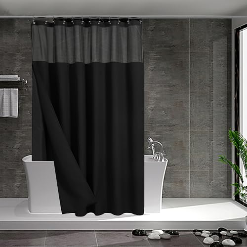 N&Y HOME Extralanger Duschvorhang mit einrastbarem Stoffeinsatz-Set, 12 Haken im Lieferumfang enthalten, 180,3 x 213,4 cm, Hotel-Stil, Netzfenster, maschinenwaschbar und wasserabweisend, schwarz von N&Y HOME