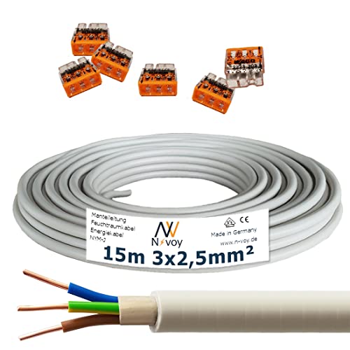 NYM-J 3x2,5 mm² 15m Mantelleitung Installationskabel mit 6 Stück WAGO Klemmen M124 von N-voy