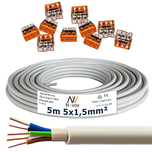 NYM-J 5x1,5 mm² 5m Mantelleitung Installationskabel mit 10 Stück WAGO Klemmen M129 von N-voy