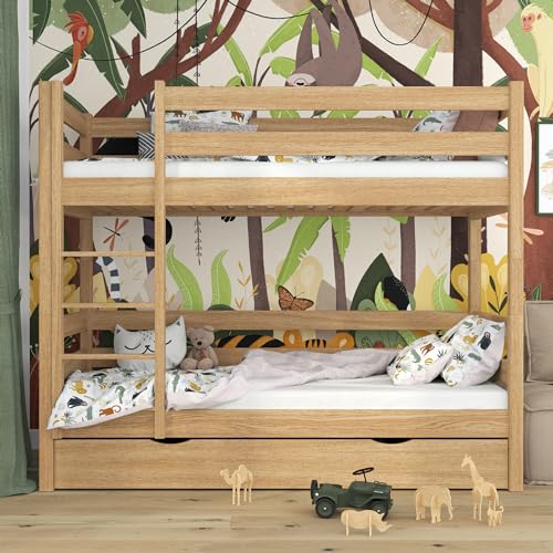 N-Wood N01 Etagenbett mit Schublade, Hochbett 100x200 cm, aus Eichenholz, 2 Leitermontageseiten: links oder rechts, abgerundete Kanten, Stabile Massivholzkonstruktion, inklusive Lattenrost, Natureiche N-Wood N01 Etagenbett mit Schublade, Hochbett 100x200 cm, aus Eichenholz, 2 Leitermontageseiten: links oder rechts, abgerundete Kanten, Stabile Massivholzkonstruktion, inklusive Lattenrost, Natureiche von N-wood