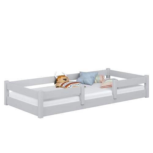 N-wood N01 Bodenbett 100x180 aus Massivholz, Montessori Bett, Kinderbett niedrig mit abnehmbaren Rausfallschutz, Lattenrost im Set, Tagesbett Funktion, Handgefertigt, Grau von N-wood