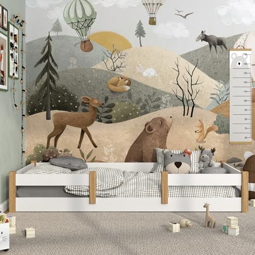 N-wood N01 Bodenbett 100x190 aus Massivholz, Montessori Bett, Kinderbett niedrig mit abnehmbaren Rausfallschutz, Lattenrost im Set, Tagesbett Funktion, Handgefertigt, Weißeiche von N-wood