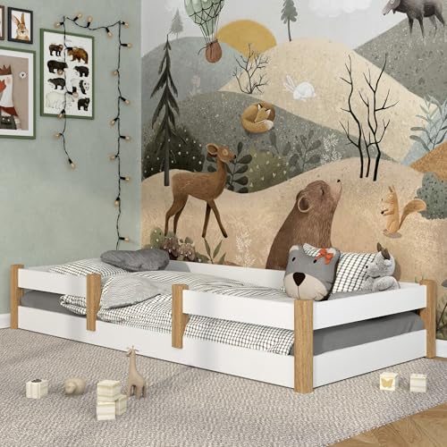 N-wood N01 Bodenbett 120x200 aus Massivholz, Montessori Bett, Kinderbett niedrig mit Rausfallschutz, Lattenrost im Set, Tagesbett Funktion, Handgefertigt, Abgerundete Kanten, Weißeiche von N-wood