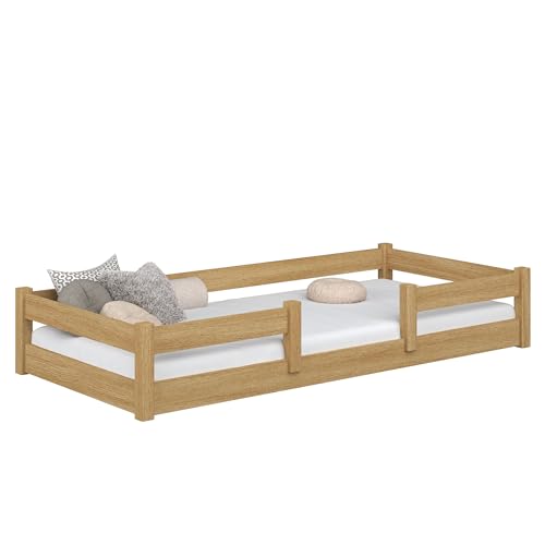 N-wood N01 Bodenbett 80x190 aus Massivholz, Montessori Bett, Kinderbett niedrig mit abnehmbaren Rausfallschutz, Lattenrost im Set, Tagesbett Funktion, Handgefertigt, Natureiche von N-wood