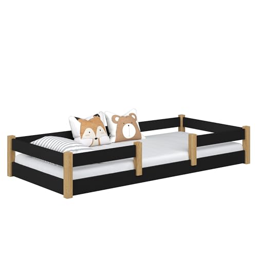 N-wood N01 Bodenbett 80x200 aus Massivholz, Montessori Bett, Kinderbett niedrig mit abnehmbaren Rausfallschutz, Lattenrost im Set, Tagesbett Funktion, Handgefertigt, Schwarzeiche von N-wood