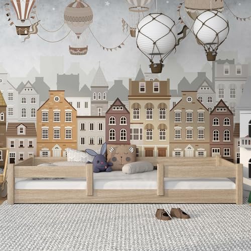 N-wood N01 Bodenbett 90x180 aus Massivholz, Montessori Bett, Kinderbett niedrig mit Rausfallschutz, Lattenrost im Set, Tagesbett Funktion, Handgefertigt, Abgerundete Kanten, gebleichtes Eichenholz von N-wood