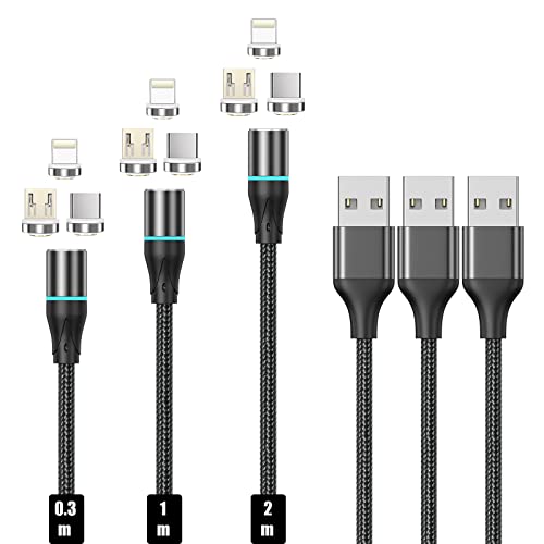 NetDot 3in1 Magnetisches Ladekabel und Datenübertragung mit LED kompatibel USB-C & Micro-USB Smartphones and i-Product (0.3/1/2m,3 Pack schwarz) von N. NETDOT