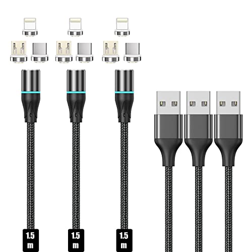 NetDot 3in1 Magnetisches Ladekabel und Datenübertragung mit LED kompatibel USB-C & Micro-USB Smartphones and i-Product (1.5m/3 Pack schwarz) von N. NETDOT