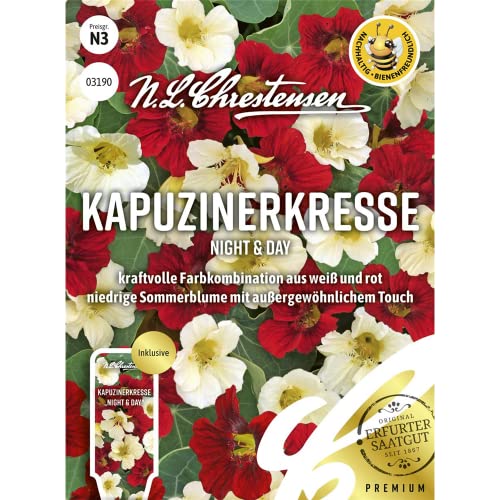 Kapuzinerkresse Night & Day, kraftvolle Farbkombination aus weiß und rot, bienenfreundlich, Samen von N.L.Chrestensen