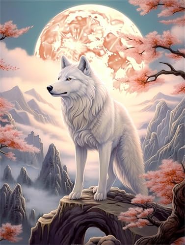 N.LANSHAN DIY Teppich Knüpfen Set Cartoon-Knüpfteppich-Set Mit Weißem Wolf Und Mond. Knüpfteppich-Sets Für Anfänger, Senioren Und Heimwerker. 55x75cm von N.LANSHAN