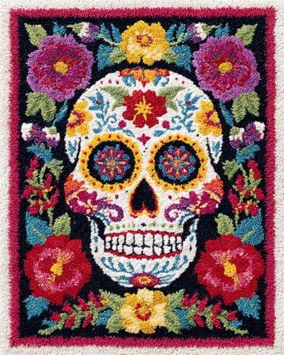 N.LANSHAN Diy Teppich Knüpfen Set Bunte Totenköpfe Und Blumen Knüpfteppich-Set，Handgefertigte Teppich-Sets Mit Vordruck，Diy 3D-Bastelgeschenk 100x140cm von N.LANSHAN
