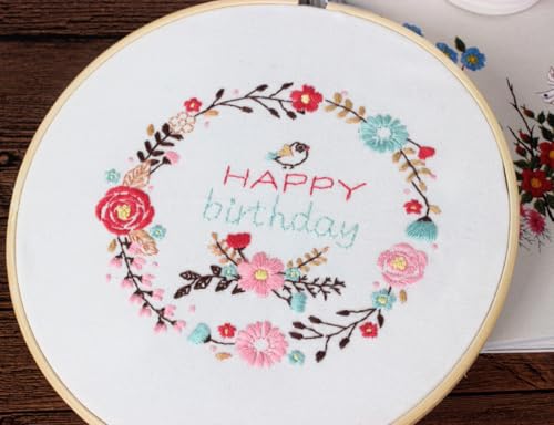 N.LANSHAN Stickerei Set Anfänger Bunte Kranz-Stickmuster. Alles Gute Zum Geburtstag. Nadelspitzen-Sticksets Für Erwachsene，Diy-Handarbeit. Handgemachtes Stickset Mit Nadel Und Faden. 30x30cm von N.LANSHAN