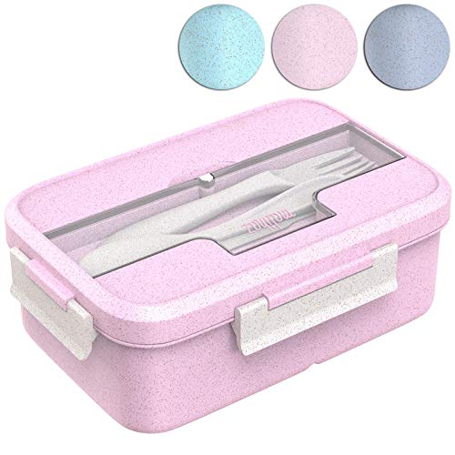 Malihaz Brotdose inkl. Besteck - Lunchbox aus Bio basiertem Weizenstroh I Spülmaschinenfeste Bentobox mit DREI Fächern (Pink) von Malihaz