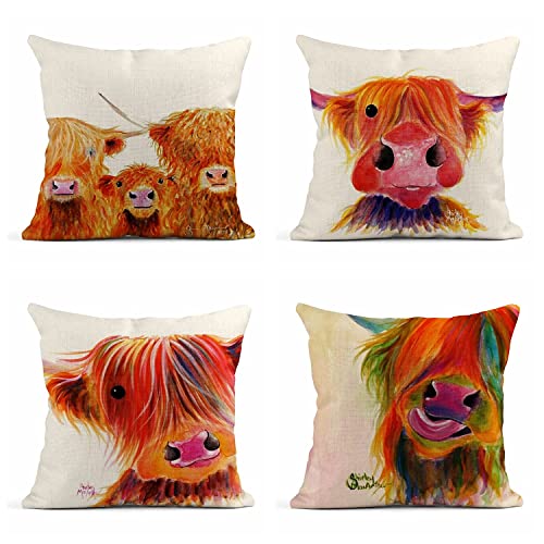 4er Set Polyester Kissenbezug 16x16 Zoll Scottish Highland Cow Home Decor Kissenbezug Quadratische Kissenbezug für Schlafsofa Couch von NA-