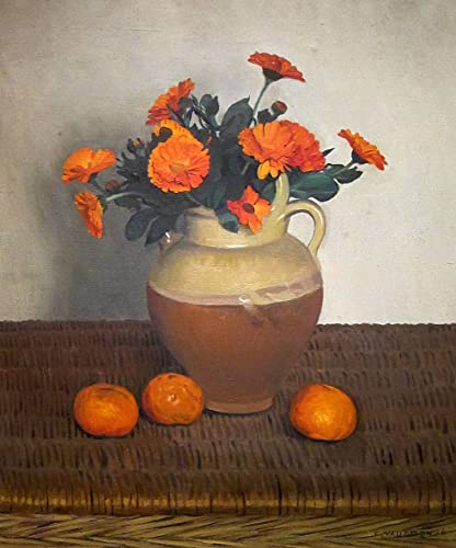 NAAYRASA Berühmte Gemälde Poster Und Drucke Abstraktes Gemälde Ringelblumen und Mandarinen in Frankreich: Soucis und Mandarinen von Felix Edouard Vallotton für Schlafzimmer Home Decor 60x90cm von NAAYRASA