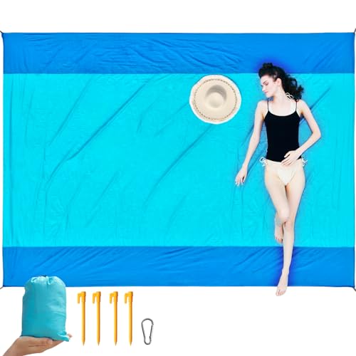 NABIYE Strandmatte Stranddecke Sandfrei 270 x 210cm Nylon Picknickdecke 270x210, strandmatte groß Faltbare tragbare Taschendecke, leicht mit 4 Stangen & 1 Karabiner, Dunkel Blau von NABIYE
