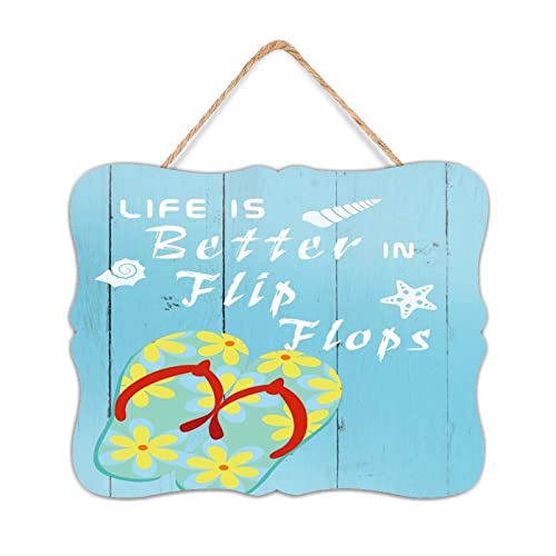 Retro Primitive Decor Holz Family Schild Life Is Better in Flip Flops Rustikale Wandkunst Holzschild 20,3 x 25,4 cm nautische Küste Seestern Muschel Holzschilder Home Decor für Indoor Offices von NABRAND
