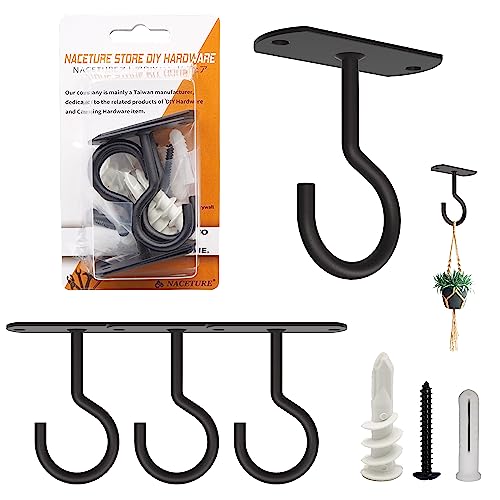 NACETURE Ceiling Hooks Heavy Duty - Plant Hooks for Ceiling Hanging Hooks for Hanging Basket Hooks Light Bird Feeder Wind Chimes Indoor Outdoor Decoration (Schwarz, 4er-Set, 2,5 Zoll) von NACETURE