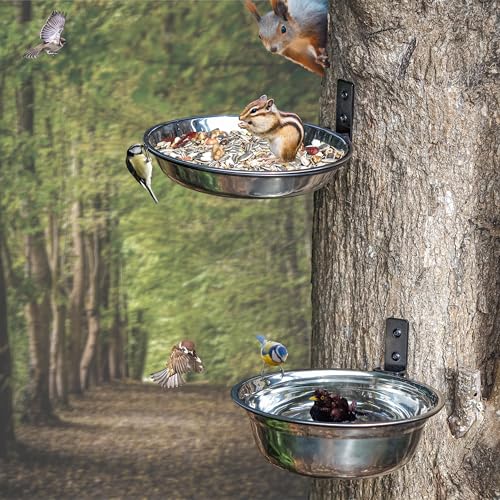 NACETURE Vogelfutterspender und Eichhörnchen-Futterstation außen hängender Baum montiert – Vogelfutterstation Wassernapf zur Wandmontage, Vogelfutterstation, Edelstahl-Schüssel für Außenzaun, Deck von NACETURE