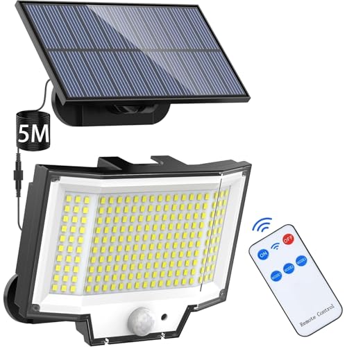 200LED Solarlampen für Außen, IP65 Wasserdichte Solarleuchten mit Bewegungsmelder, 3 Modi 180° Beleuchtungswinkel LED Solar Strahler mit Fernbedienung, 5M Kabel Solar Bewegungsmelder Aussen für Garten von NACINIC