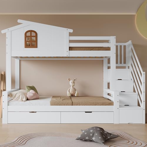 Etagenbett 90x200cm 120x200cm mit Zwei Schubladen und Fenster Eck-Leiterschrank Stabile Lattenroste Kiefer MDF Sperrholz Weiß Natur Etagenbett 90x200cm 120x200cm mit Zwei Schubladen und Fenster Eck-Leiterschrank Stabile Lattenroste Kiefer MDF Sperrholz Weiß Natur von NADEUSAK