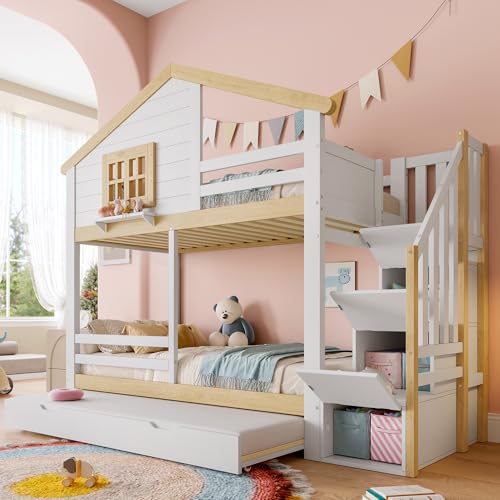 Etagenbett 90x200cm mit Bettgitter Ausziehbares Bett Stauraumleiter Fenster Hausleiste Weiß Natur von NADEUSAK