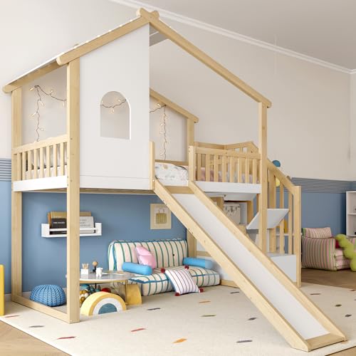 Hochbett 90x200 cm mit Bettgitter Stauraumleiter Fenster Rutsche Hausleiste Natur Weiß Ohne Matratze Hochbett 90x200 cm mit Bettgitter Stauraumleiter Fenster Rutsche Hausleiste Natur Weiß Ohne Matratze von NADEUSAK