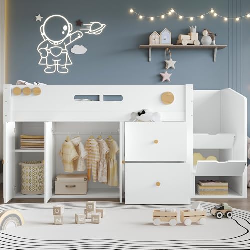 Holzbett 90x200cm Kinderbett Halbhohes Bett Aufbewahrungstreppe mit magnetischen Türen Mit Zwei großen Schubladen und Kleiderschrank Kiefer MDF Sperrholz Weiß Natur Holzbett 90x200cm Kinderbett Halbhohes Bett Aufbewahrungstreppe mit magnetischen Türen Mit Zwei großen Schubladen und Kleiderschrank Kiefer MDF Sperrholz Weiß Natur von NADEUSAK