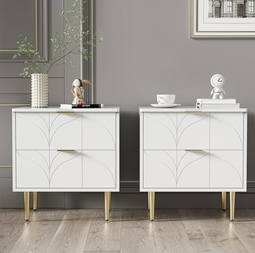 Moderner Nachttisch mit vergoldeten Füßen und Knöpfen,florales Muster,2er-Set mit 2 Schubladen,lackiert,Ecken mit Anti-Bump-Design,50x40x54cm,Weiß Moderner Nachttisch mit vergoldeten Füßen und Knöpfen,florales Muster,2er-Set mit 2 Schubladen,lackiert,Ecken mit Anti-Bump-Design,50x40x54cm,Weiß von NADEUSAK