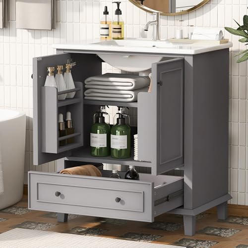 NADEUSAK Badezimmerschrank Mit Waschbecken 76x46x87cm Grau Massivholzbeine Feuchtigkeits- und Wasserdicht Großer Stauraum Integriertes Keramikwaschbecken von NADEUSAK