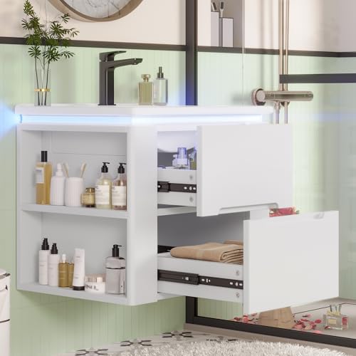 NADEUSAK Badezimmerschrank Wandhängend Volllackierung, Zwei Schubladen Zwei Seitliche Ablagen Integriertes Waschbecken 61x46x48.5cm Weiß von NADEUSAK