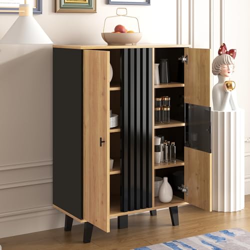 NADEUSAK Beistellschränke Sideboard Vitrinen mit Glas in Schwarz und Holzfarben, Einzigartiges Holzstreifendesign, Enthält Laminate von NADEUSAK