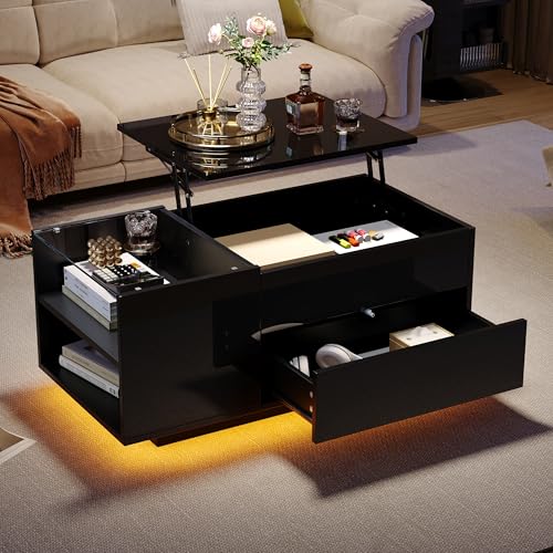 NADEUSAK Couchtisch Höhenverstellbar Kaffeetisch mit Verstecktem Stauraum 95x48x42cm Beistelltisch Schwarz mit Schublade und Steckdose Wohnzimmertisch von NADEUSAK