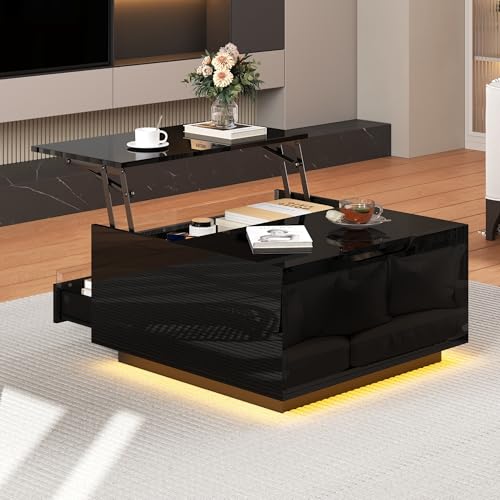 NADEUSAK Couchtisch Wohnzimmer 70x70x38 cm Anhebbar mit 1 Schublade Hochglanz Beistelltisch Versteckter Stauraum Hochklappbare Türen Schwarz von NADEUSAK