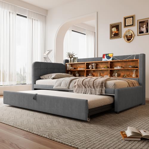 NADEUSAK Daybett 90x200cm(180x200cm) Tagesbett,Schlafsofa,multifunktionales Ausziehbett-Design, mehrere Ablageflächen,Bett mit Lattenrost (ohne Matratze),Leinen (Grau1) von NADEUSAK