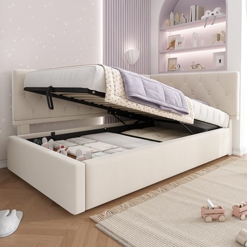NADEUSAK Daybett 90x200cm Polsterbett Schlafsofa mit hydraulischem Stauraum Kinderbett Jugendbett Bettgestell mit Lattenrost aus Holz Samt Beige ohne Matratze NADEUSAK Daybett 90x200cm Polsterbett Schlafsofa mit hydraulischem Stauraum Kinderbett Jugendbett Bettgestell mit Lattenrost aus Holz Samt Beige ohne Matratze von NADEUSAK