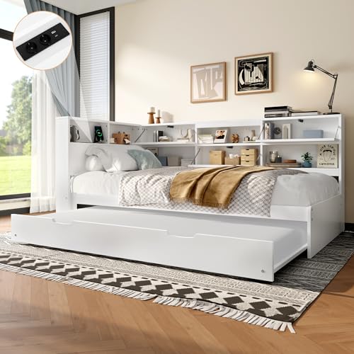 NADEUSAK Daybett Schlafsofa 90x200 cm Kopfteil Mit Staufach Ausziehbares Bett Ohne Matratze Weiß von NADEUSAK