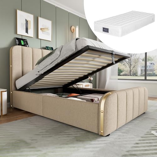 NADEUSAK Einzelbett Polsterbett 90x200cm gepolstertes Kopfteil mit goldenen Zierstreifen Beige Leinen-Material Hydraulisches Lagerbett Mit Matratze NADEUSAK Einzelbett Polsterbett 90x200cm gepolstertes Kopfteil mit goldenen Zierstreifen Beige Leinen-Material Hydraulisches Lagerbett Mit Matratze von NADEUSAK