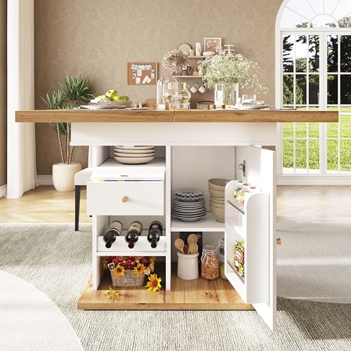 NADEUSAK Esstisch 110-140×80cm Teleskoptisch klappbarer Küchentisch für 4-6 Personen Ausziehbarer platzsparender für Küche und Wohnzimmer Tisch mit Snackregal und Weinregal Weiß von NADEUSAK