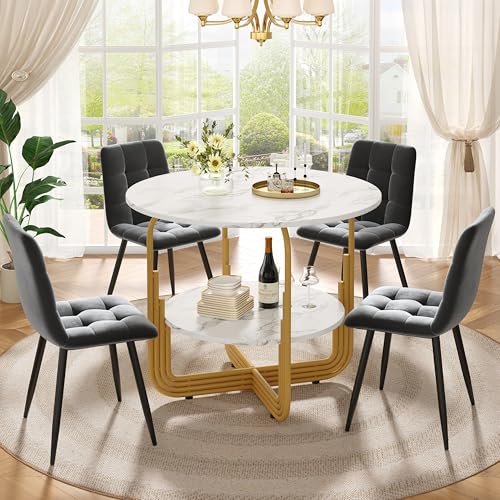 NADEUSAK Esstisch-Set 80cm+4 Stühle,Modernes Küchen-Esstisch-Set,Runder Küchentisch mit goldenen Metallbeinen,MDF-Marmor-Tischplatte,Esszimmerstühle aus graue von NADEUSAK