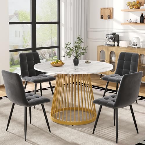 NADEUSAK Esszimmertisch-Set 80 cm (5-teilig), Küchentisch mit 4 Stühlen,Modernes rundes Küchentisch-Set,goldene Metallbeine,Weiße MDF-Tischplatte,Dunkelgraue Samt-Esszimmerstühle von NADEUSAK