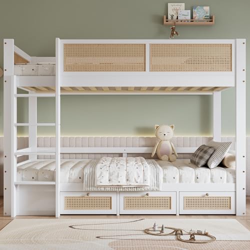 NADEUSAK Etagenbett 90x200cm Kiefer+MDF Rattanzaun DREI Schubladen Stabile Lattenroste Bettgitter Weiß+Natur Ohne Matratze NADEUSAK Etagenbett 90x200cm Kiefer+MDF Rattanzaun DREI Schubladen Stabile Lattenroste Bettgitter Weiß+Natur Ohne Matratze von NADEUSAK