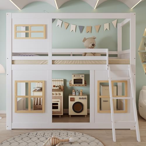 NADEUSAK Etagenbett 90x200cm Kinderbett Mit Schöne Fenster Stabile Trittleiter Mit Vierseitigen Umzäunung Kiefer + MDF + Sperrholz Weiß+Natur von NADEUSAK