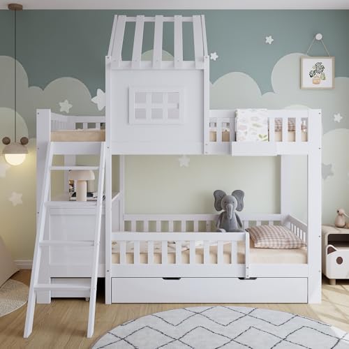 NADEUSAK Etagenbett Kinderbett 90x200cm Weiß mit Zwei Schubladen Rollen Lesetisch Ablagekorb Dach Fenster Kiefer+MDF+Sperrholz NADEUSAK Etagenbett Kinderbett 90x200cm Weiß mit Zwei Schubladen Rollen Lesetisch Ablagekorb Dach Fenster Kiefer+MDF+Sperrholz von NADEUSAK