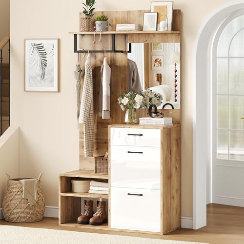 NADEUSAK Garderoben-Set mit Spiegel 100x38.5x190cm, Schuhbank Schrank Flur, Weiß Holzfarbe NADEUSAK Garderoben-Set mit Spiegel 100x38.5x190cm, Schuhbank Schrank Flur, Weiß Holzfarbe von NADEUSAK